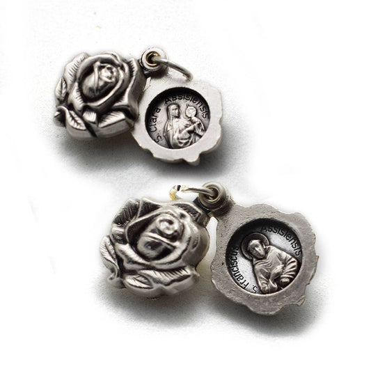 St. Francis of Assisi & St. Clare Double-Sided Rosebud Locket | Antique Silver Franciscan Necklace | Handmade in Italy