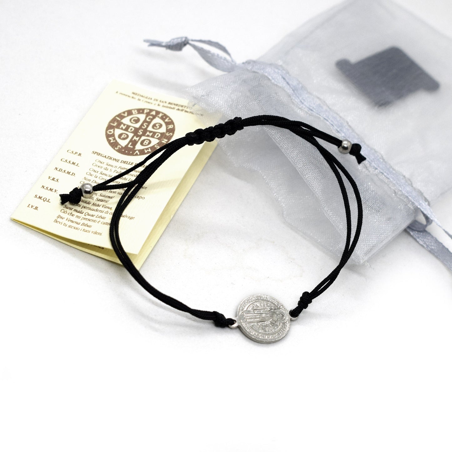 Rhodium Plated Sterling Silver Saint Benedict Bracelet | 925 Silver Adjustable Unisex Bracelet | Handmade Italian Christian Jewelry