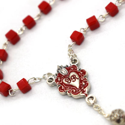 Red Glass Cube Rosary – Ex Voto Heart Centerpiece – Wearable Catholic Necklace – Handmade Devotional Jewelry
