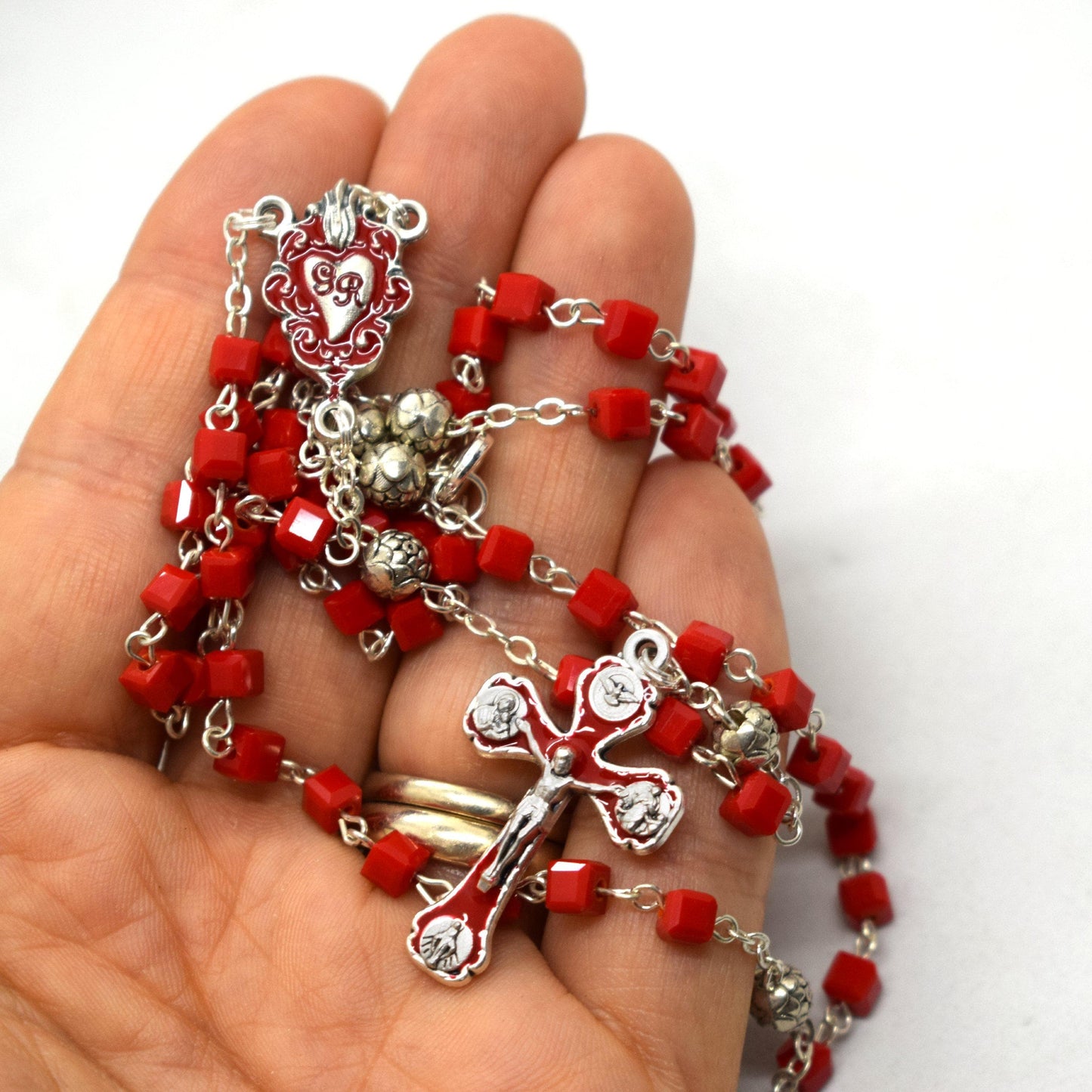 Red Glass Cube Rosary – Ex Voto Heart Centerpiece – Wearable Catholic Necklace – Handmade Devotional Jewelry