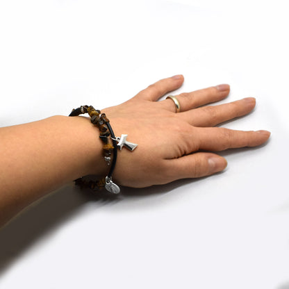 Saint Gemstone Bracelet – Tiger’s Eye, Choose Your Saint, Catholic Beaded Wrap Bracelet