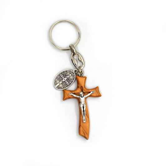 Handcrafted Olive Wood Cross Keychain – Customizable Saint Medal, Italian Catholic Gift