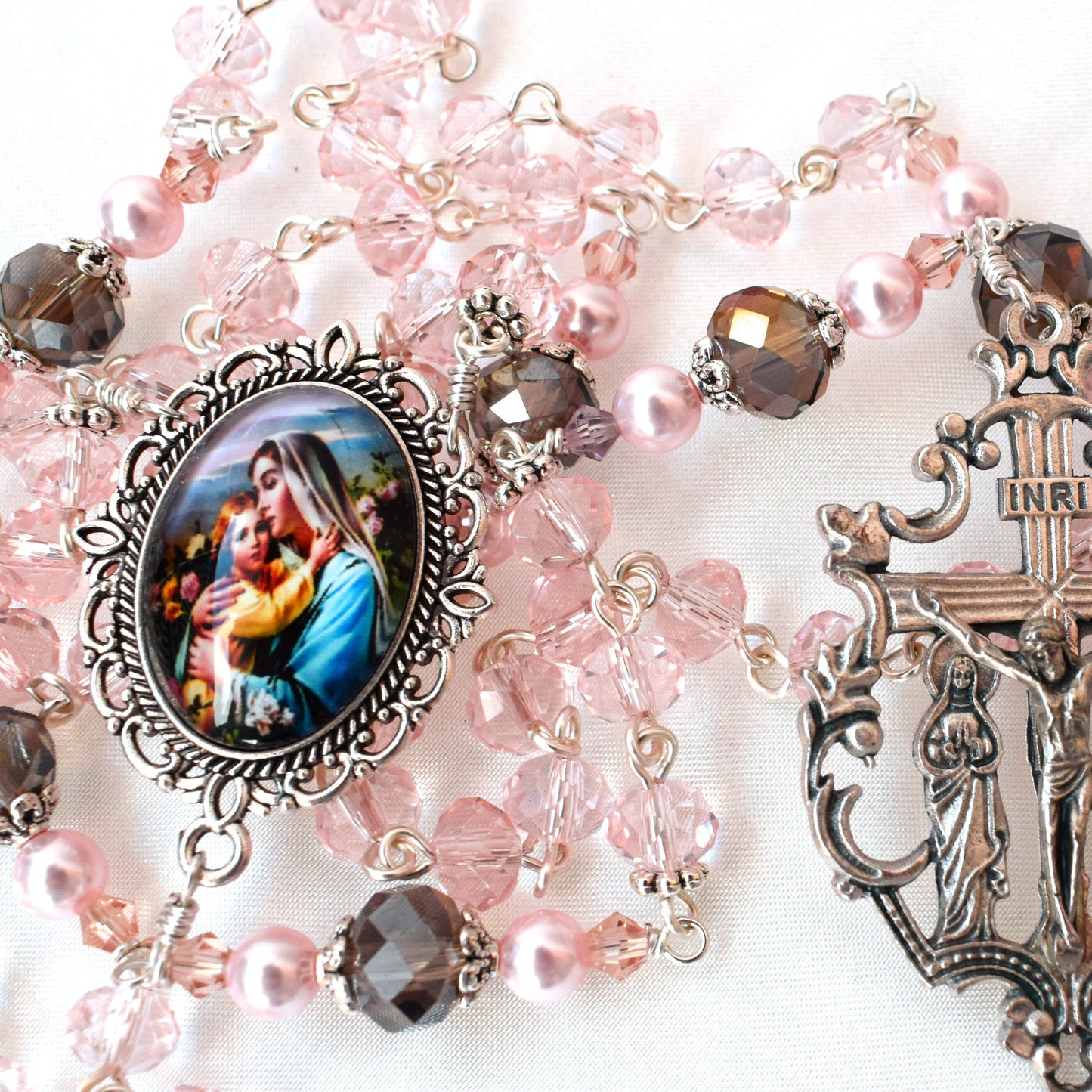 Pink Austrian Crystal Rosary – Handmade Bridal, First Communion & Catholic Wedding Gift