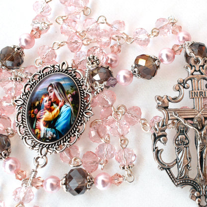 Pink Austrian Crystal Rosary – Handmade Bridal, First Communion & Catholic Wedding Gift