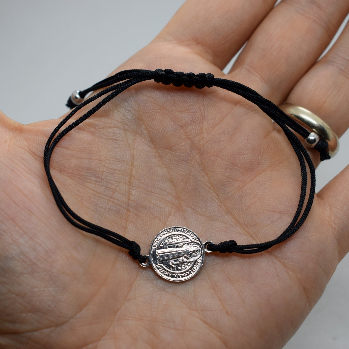 Rhodium Plated Sterling Silver Saint Benedict Bracelet | 925 Silver Adjustable Unisex Bracelet | Handmade Italian Christian Jewelry