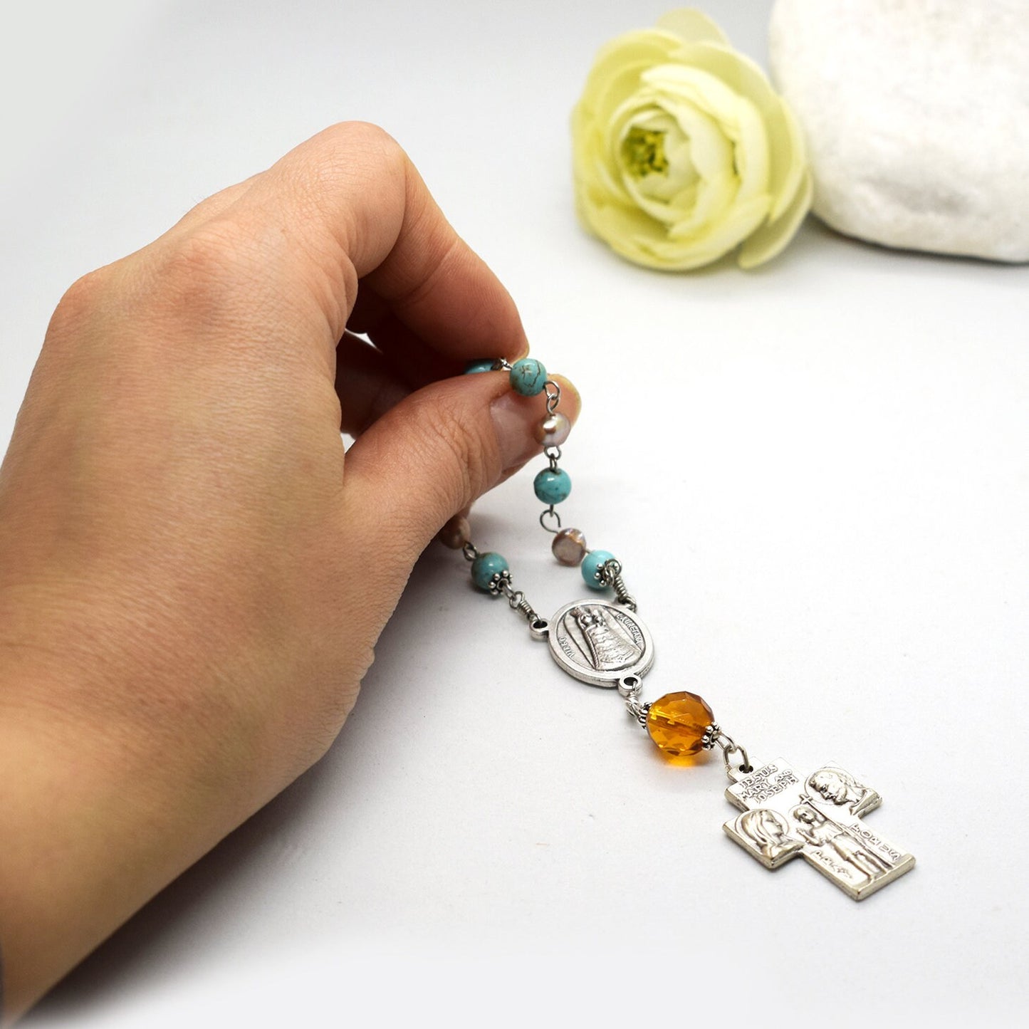 Holy Family Rosary – Nativity Rosary with Pearls and Crystals – Christmas Rosary – Baptism & Communion Faith Gift