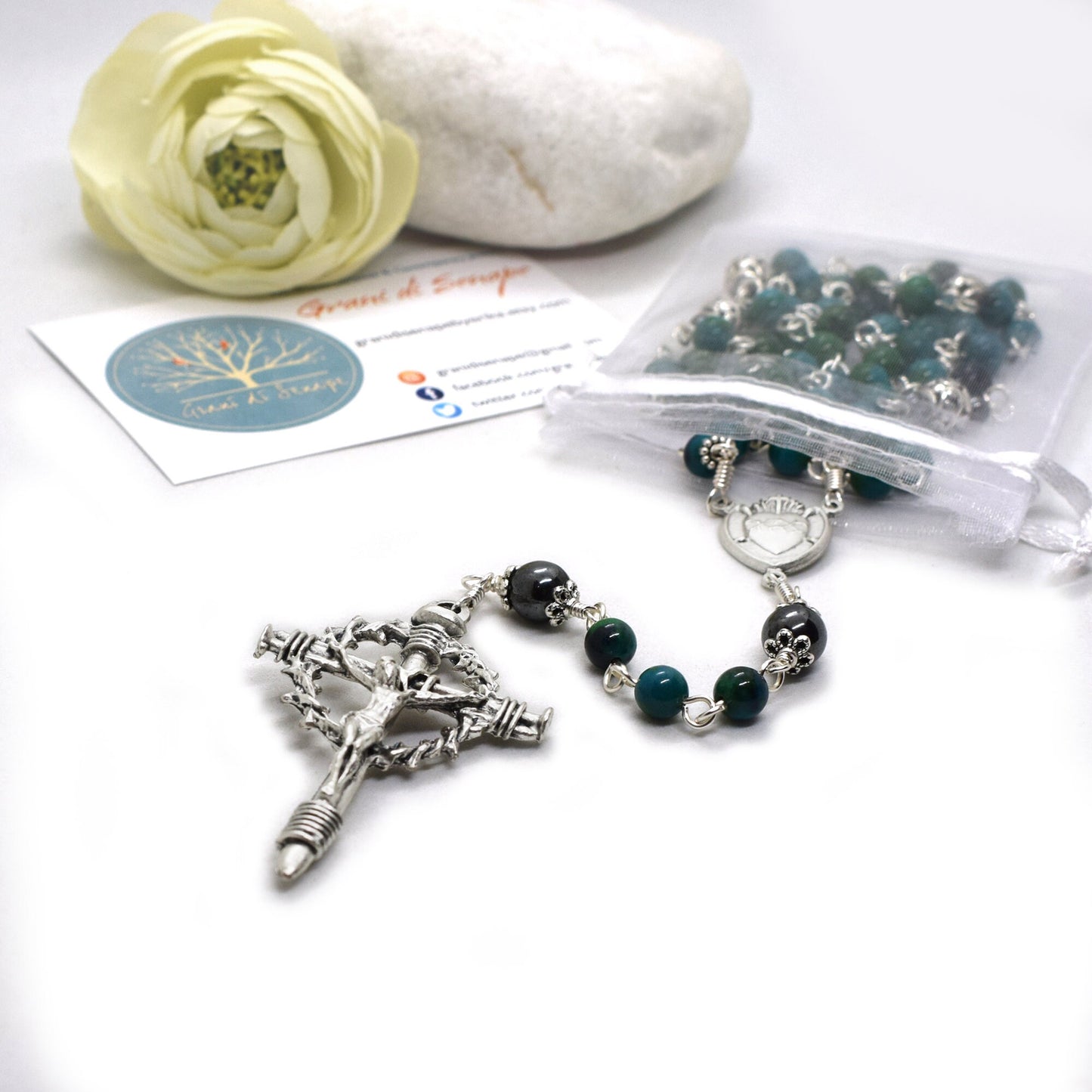 Crown of Thorns Gemstone Rosary | Blue Chrysocolla Catholic Rosary Handmade in Italy