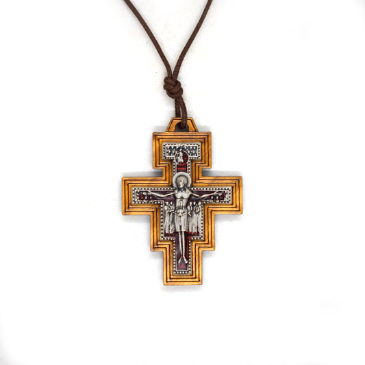 San Damiano Olive Wood Crucifix Necklace – Handmade Franciscan Pendant from Italy