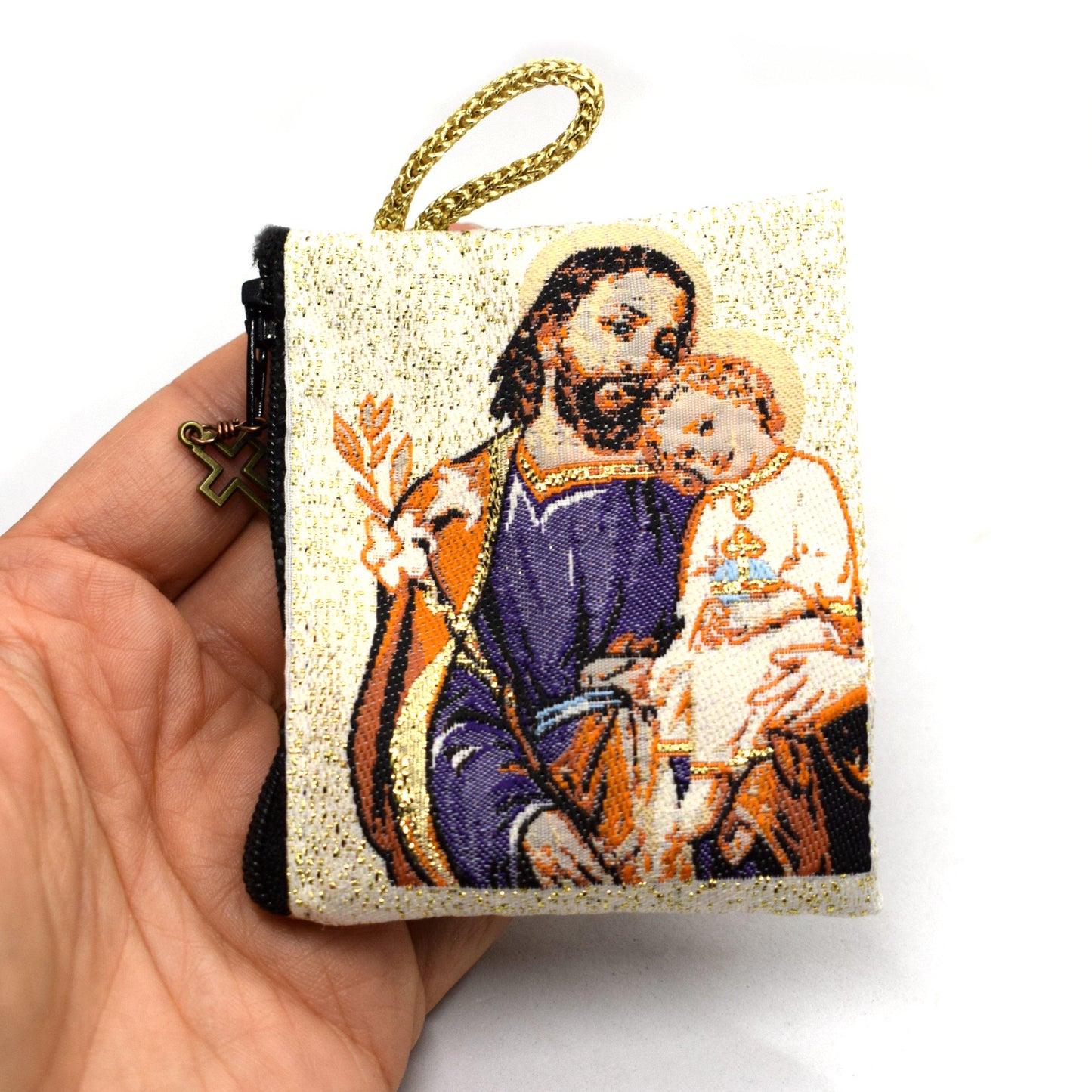Saint Joseph and Jesus Rosary Pouch – Icon Tapestry Coin Holder, Handmade Catholic Gift