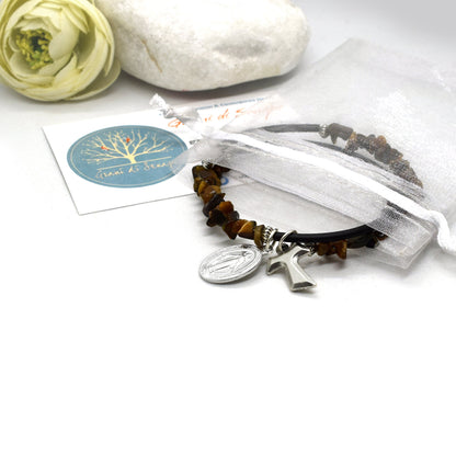 Saint Gemstone Bracelet – Tiger’s Eye, Choose Your Saint, Catholic Beaded Wrap Bracelet