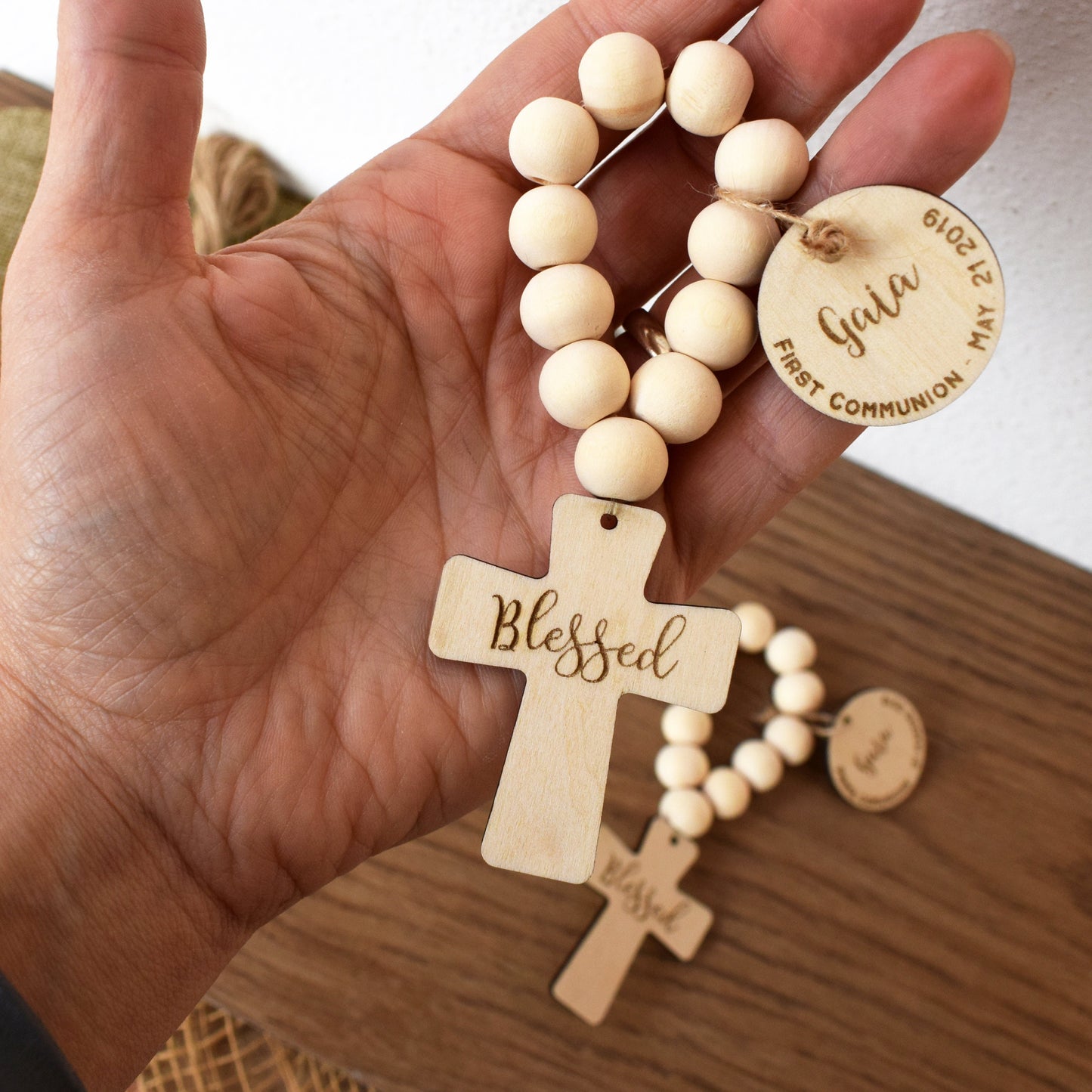 Personalized Wooden Pocket Rosary Favors – Baptism, First Communion & Christening Gifts