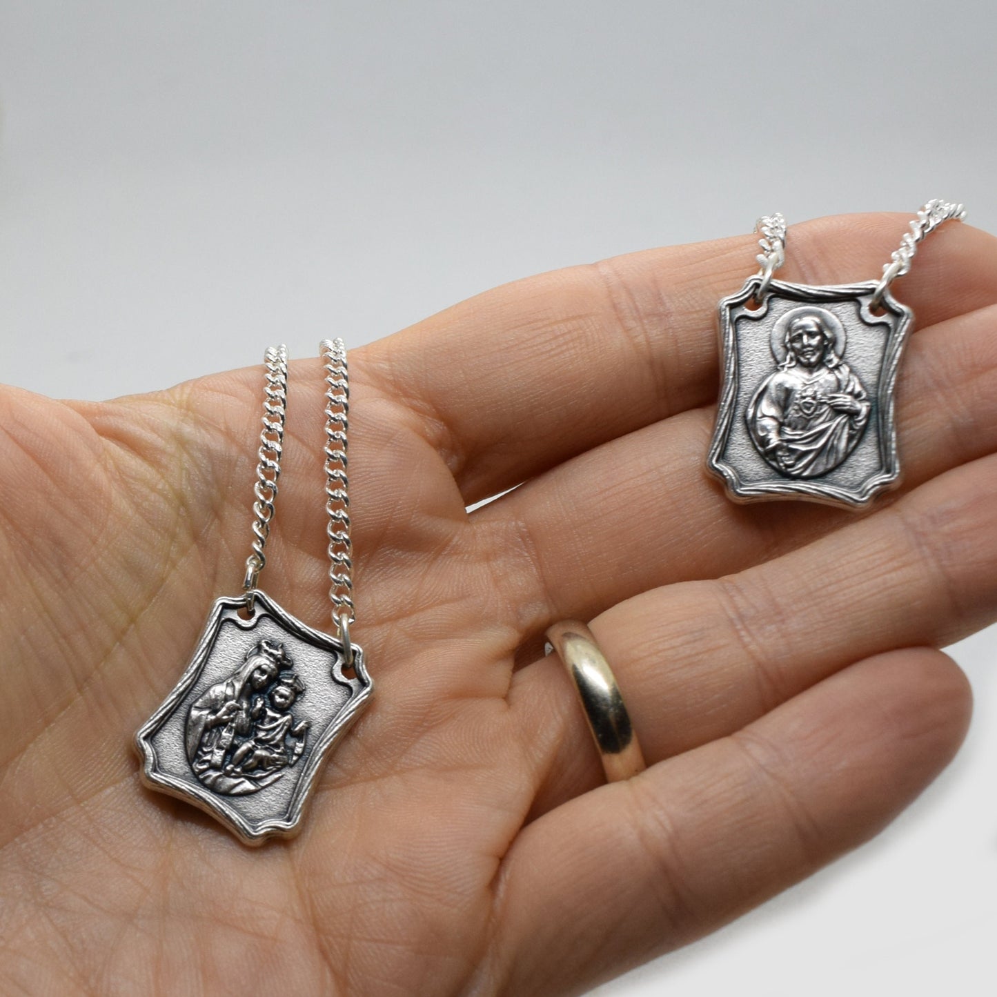 Scapular Chain Necklace – Virgin of Carmel & Sacred Heart of Jesus Medals, Handmade Catholic Necklace