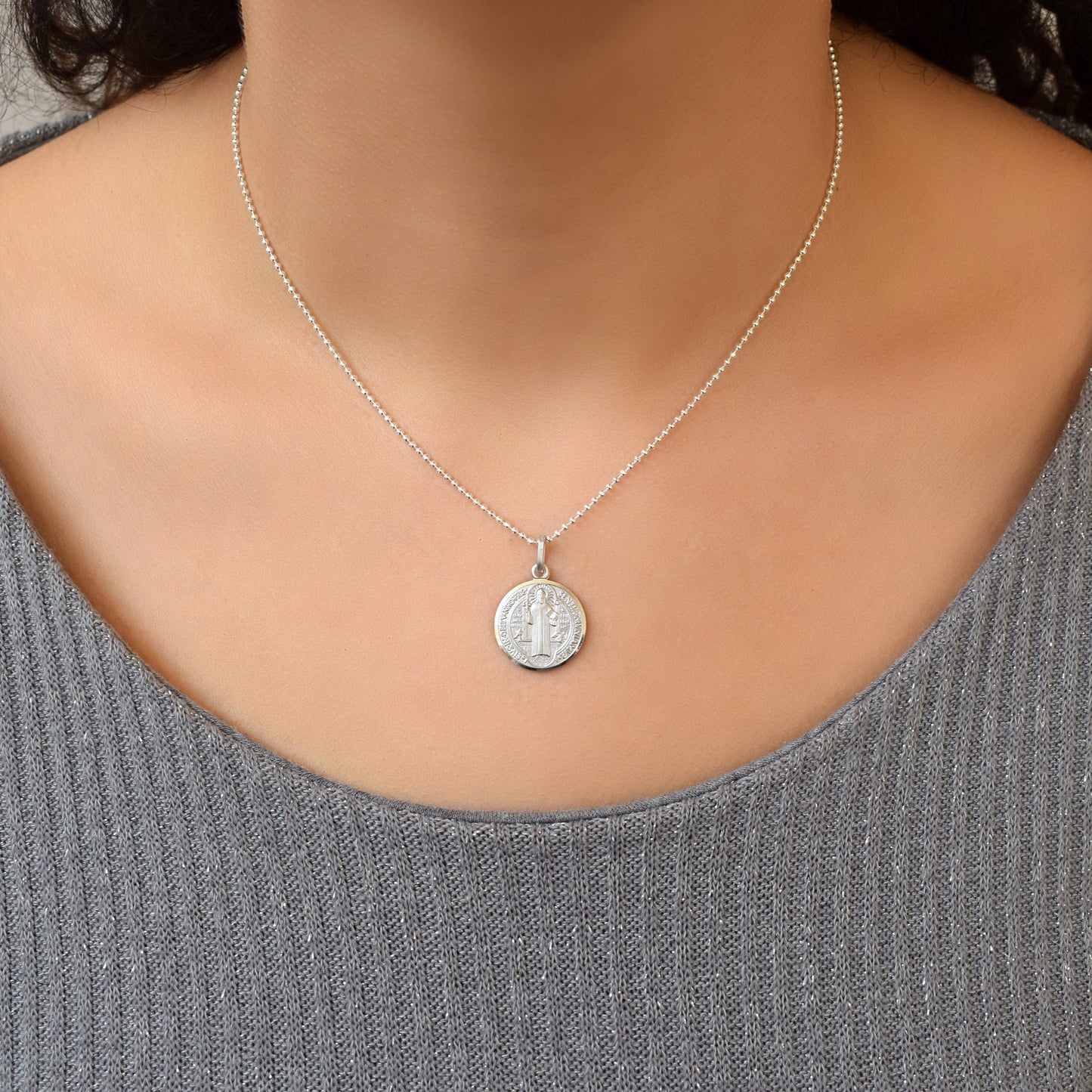 Saint Benedict Sterling Silver 925 Medal – Rhodium-Plated Italian Pendant Necklace | San Benito Catholic Jewelry
