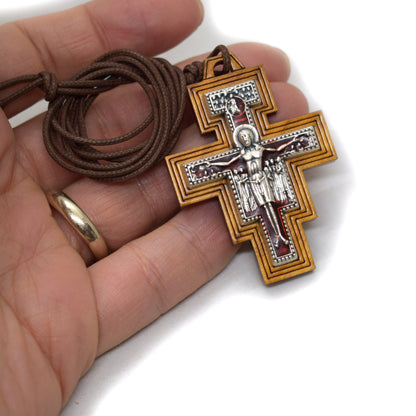 San Damiano Olive Wood Crucifix Necklace – Handmade Franciscan Pendant from Italy