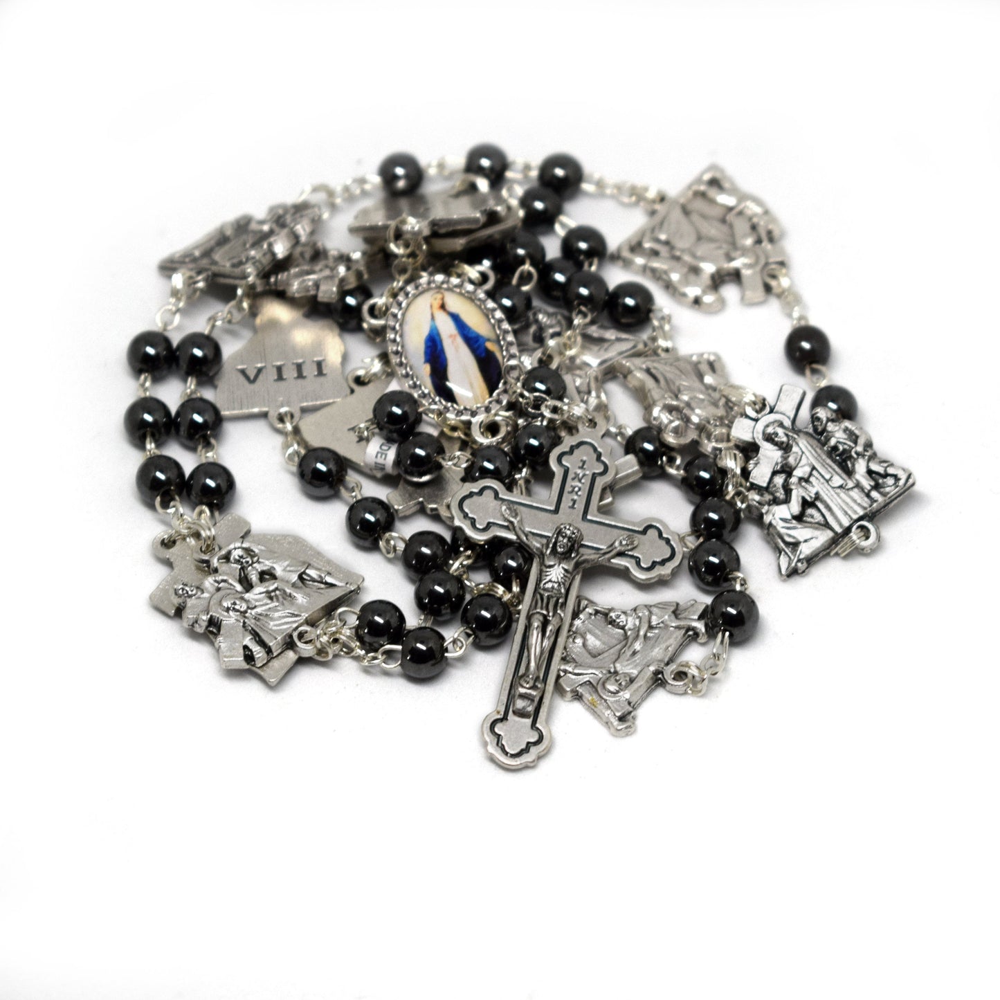 Stations of the Cross Rosary – Hematite Beads, Handmade Italian Via Crucis Chaplet
