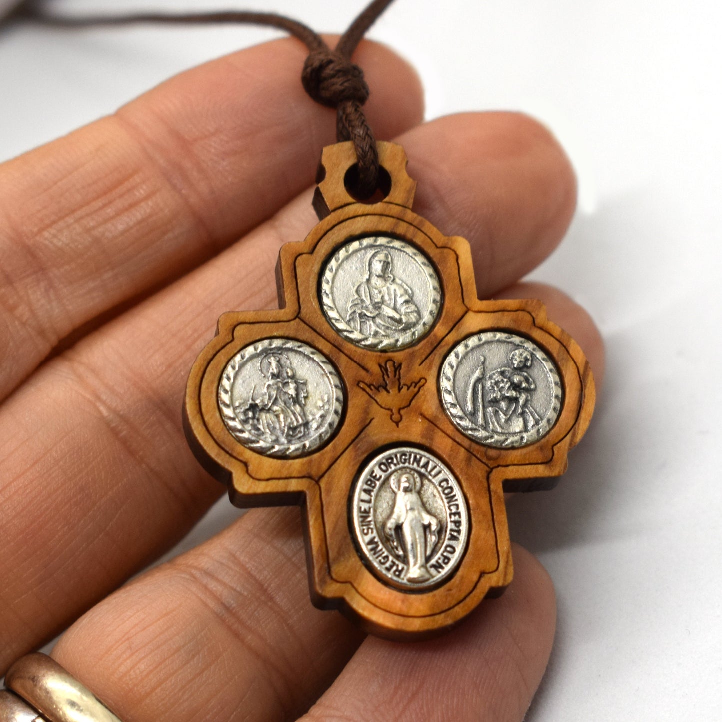Olive Wood Four Way Cross Pendant – Christian Necklace, Sacred Heart & Saint Medals