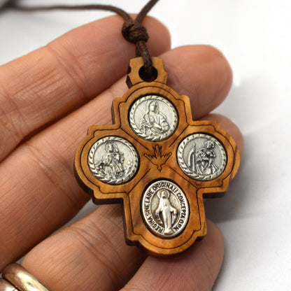 Olive Wood Four Way Cross Pendant – Christian Necklace, Sacred Heart & Saint Medals