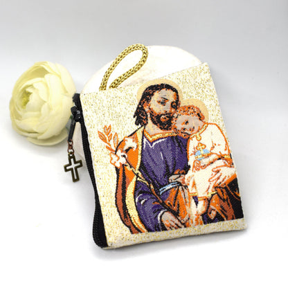 Saint Joseph and Jesus Rosary Pouch – Icon Tapestry Coin Holder, Handmade Catholic Gift