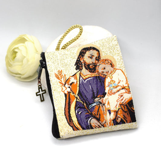 Saint Joseph and Jesus Rosary Pouch – Icon Tapestry Coin Holder, Handmade Catholic Gift