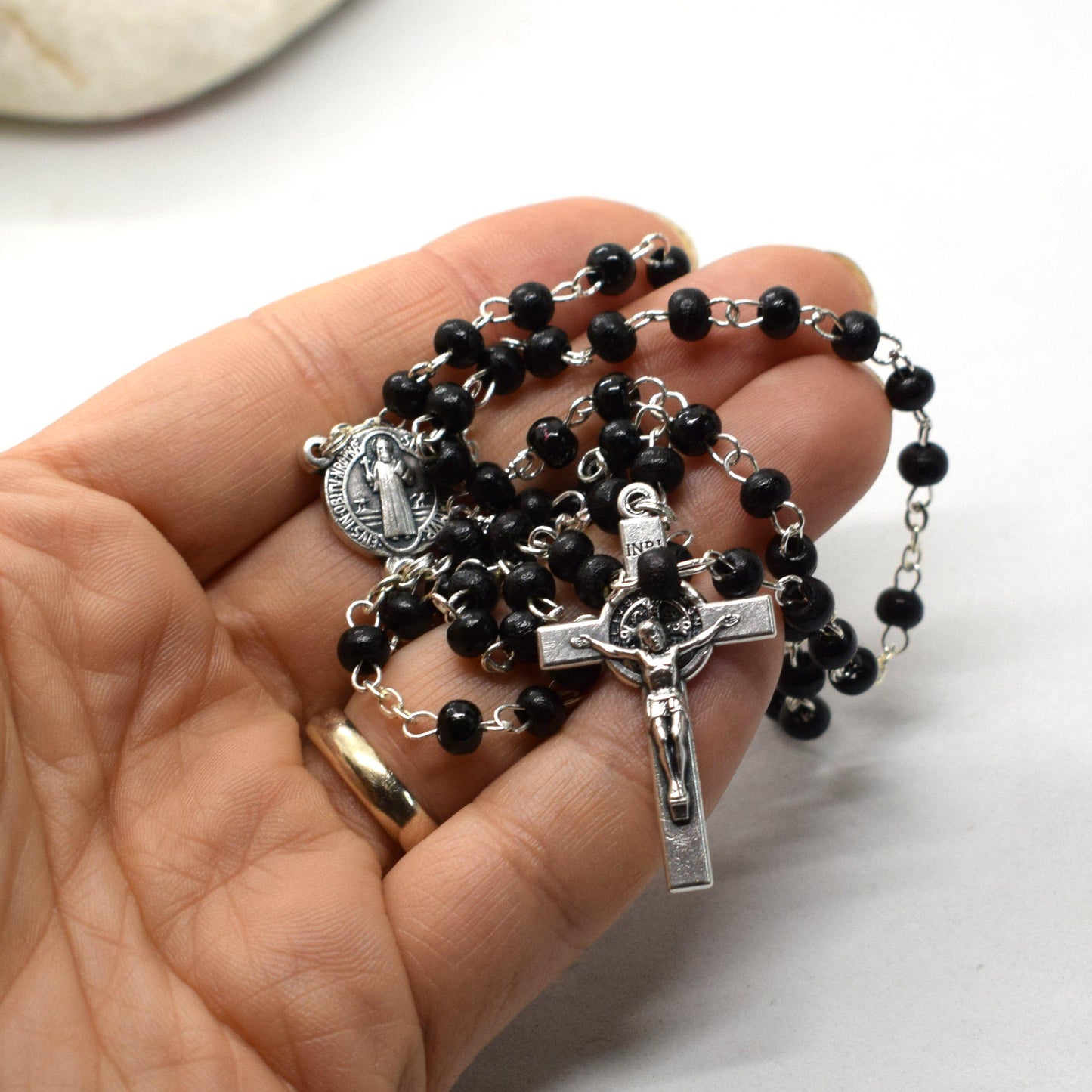 Saint Benedict Pocket Rosary – Handmade Black Wooden Beads Catholic Prayer Beads