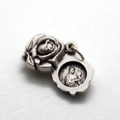 St. Francis of Assisi & St. Clare Double-Sided Rosebud Locket | Antique Silver Franciscan Necklace | Handmade in Italy