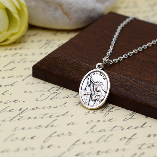 🌹 St. Rita of Cascia Medal Necklace – Patron Saint Jewelry – Personalized Italian Silver-Plated Necklace