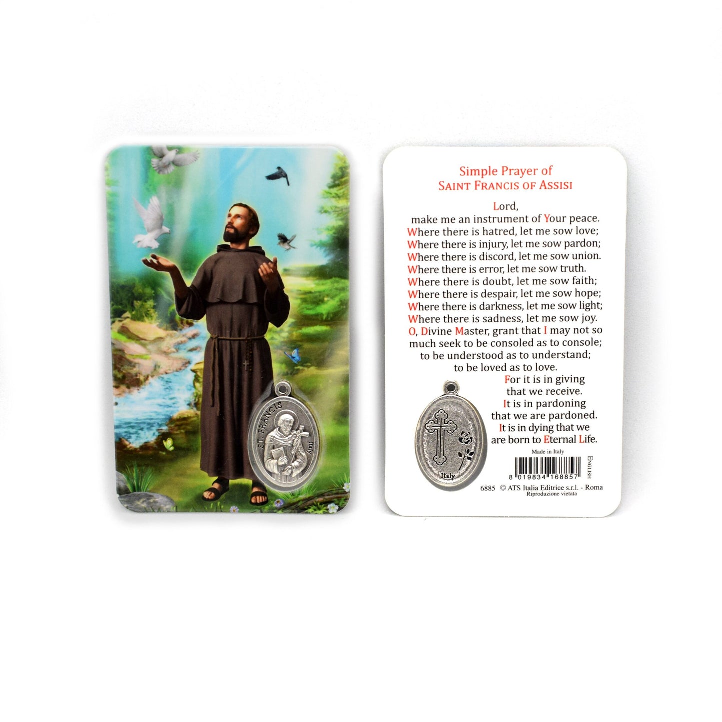 Saint Francis of Assisi Holy Card with Medal – Laminated Italian Prayer Card