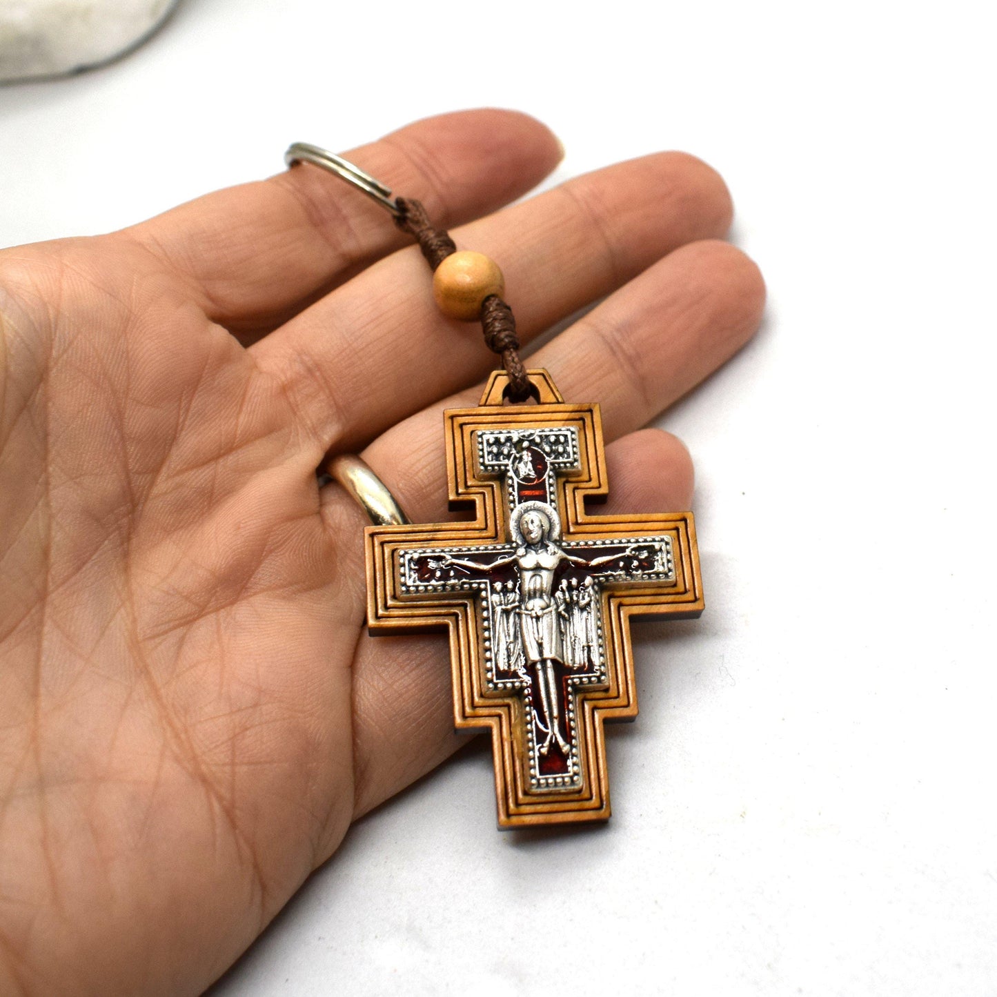 Handmade Olive Wood Keychain with Enamel St. Damian Cross – Catholic Faith Gift from Italy