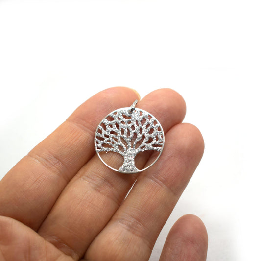 Sterling Silver 925 Glitter Tree of Life Pendant Ø24mm | Italian Necklace, Minimalist Jewelry