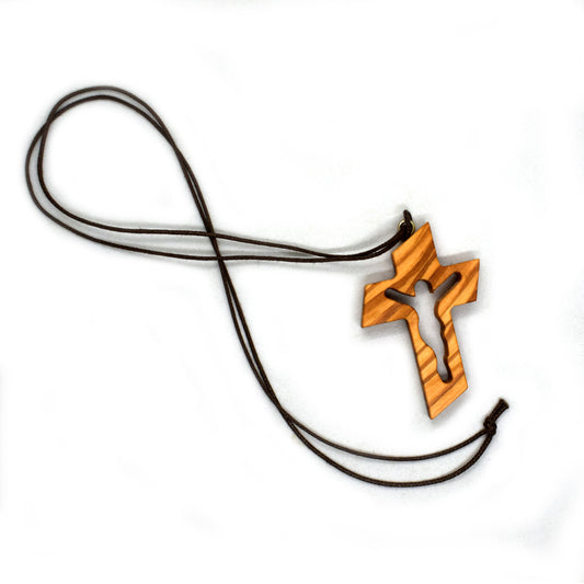 Carved Olive Wood Crucifix Necklace – Handmade Italian Wooden Cross Pendant
