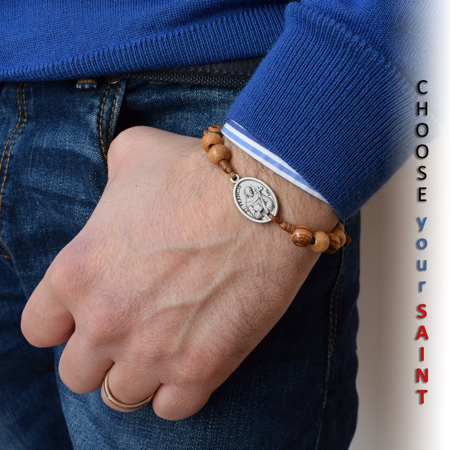 Saint Bracelet with Olive wood beads, Choose your saint, Personalized Saint Stackable wooden Bracelet, Mens bracelet, Christmas Gift for men