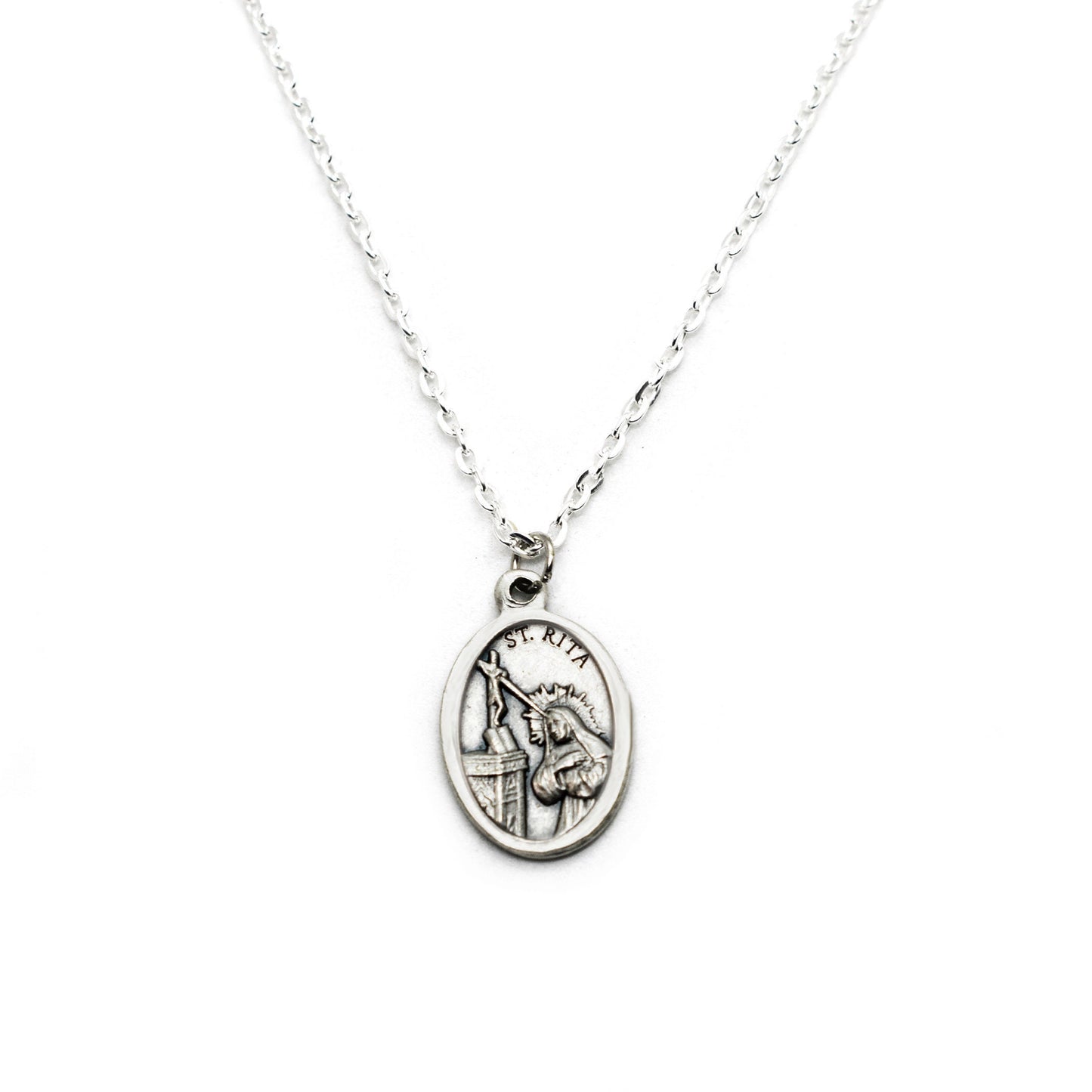 🌹 St. Rita of Cascia Medal Necklace – Patron Saint Jewelry – Personalized Italian Silver-Plated Necklace
