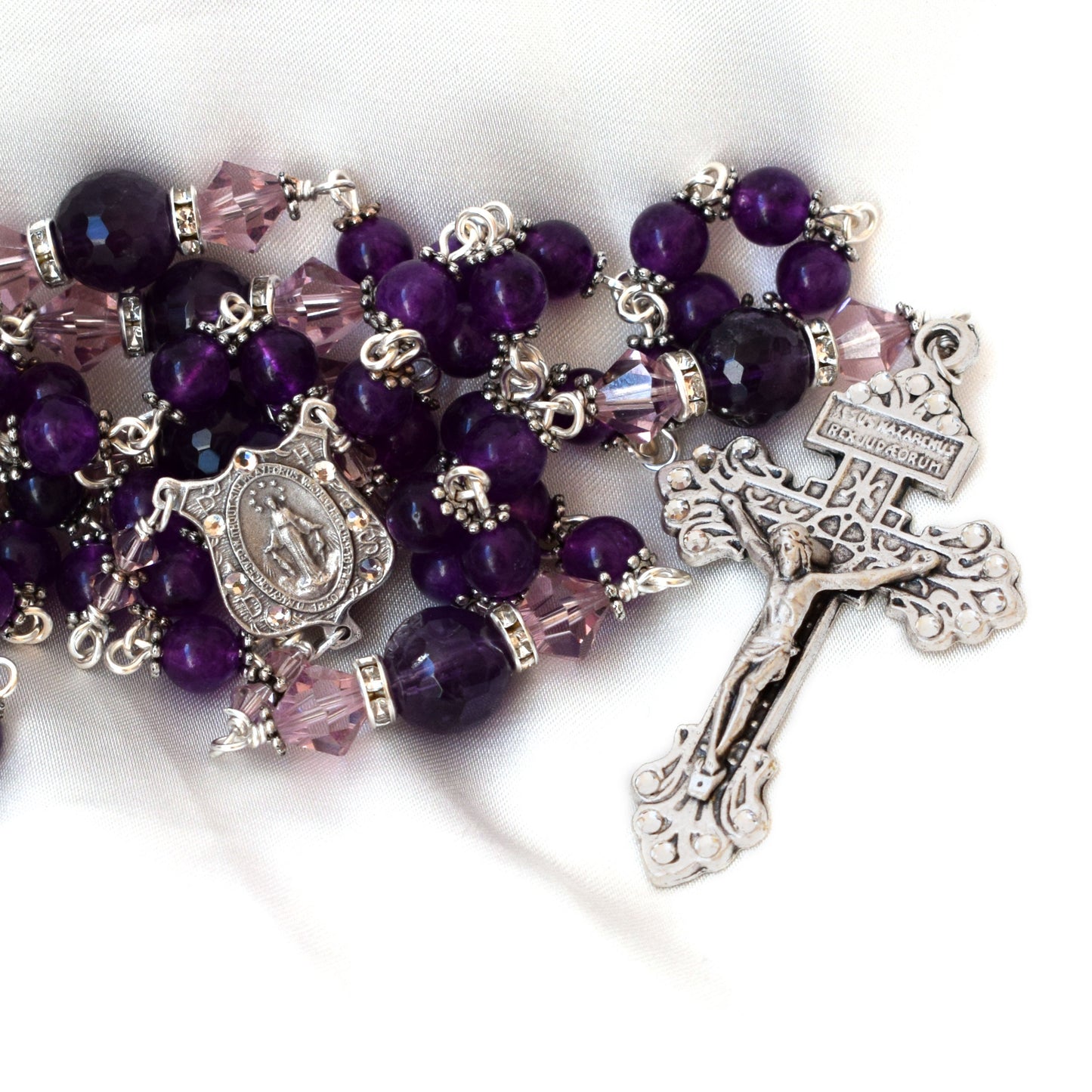 Personalized Amethyst Crystal Rosary – Swarovski Beads with Pardon Crucifix | Catholic Wedding, First Communion & Confirmation Gift