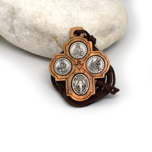 Olive Wood Four Way Cross Pendant – Christian Necklace, Sacred Heart & Saint Medals