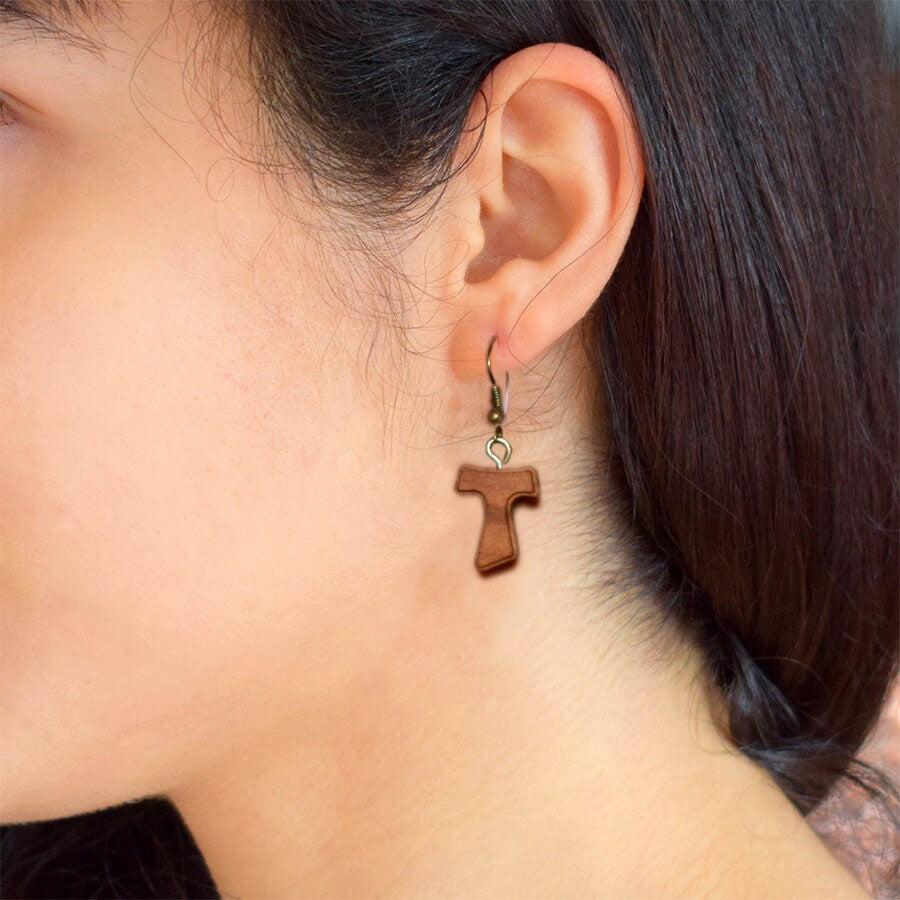 Tau Cross Earrings | St. Francis Olive Wood Earrings | Handmade Artisan Jewelry | Christian Gift