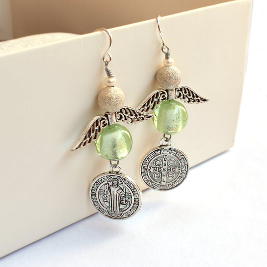 Angelic Handmade Earrings – Murano Glass Beads & St. Benedict Medal, Italian Religious Jewelry