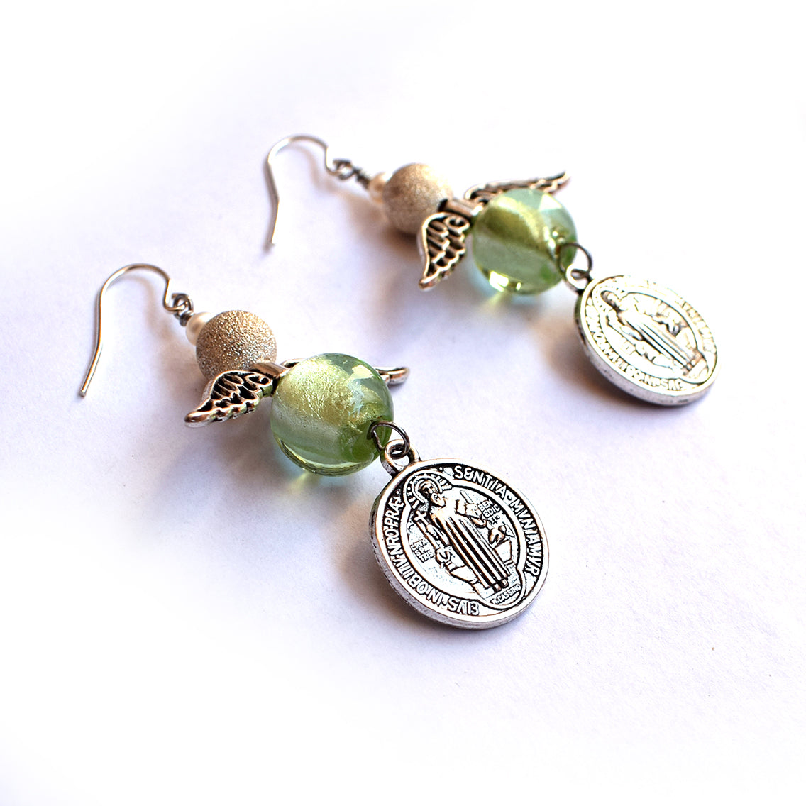 Angelic Handmade Earrings – Murano Glass Beads & St. Benedict Medal, Italian Religious Jewelry