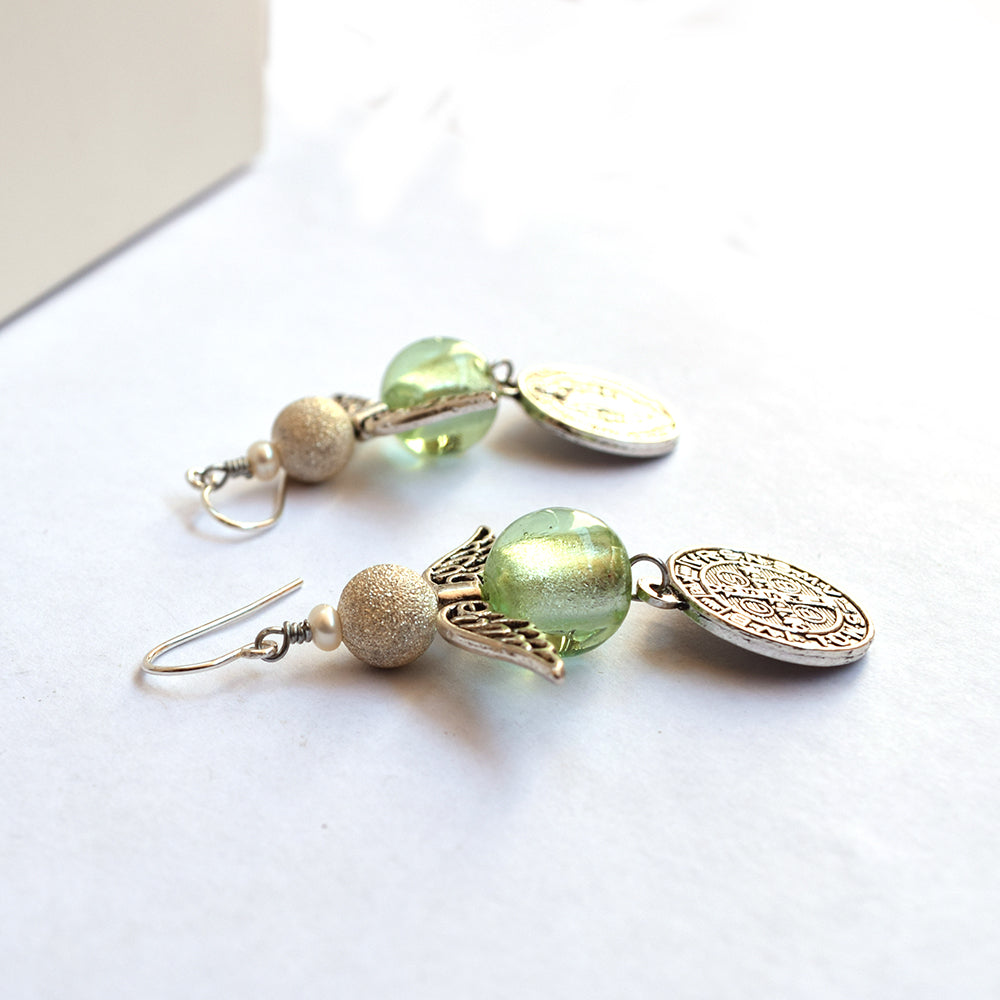 Angelic Handmade Earrings – Murano Glass Beads & St. Benedict Medal, Italian Religious Jewelry
