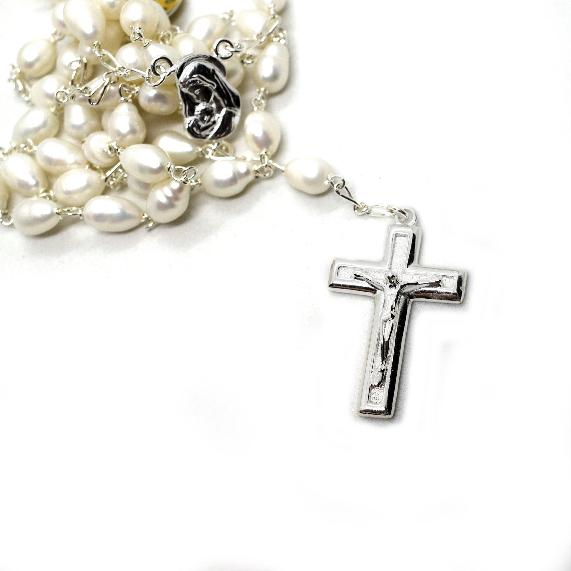 Rhodium Plated Silver Rosary with Natural Freshwater Pearls - Grani di Senape Studio