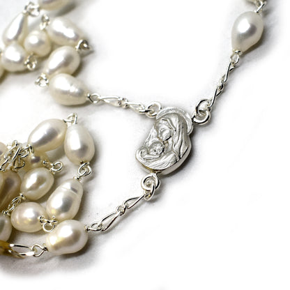 Rhodium Plated Silver Rosary with Natural Freshwater Pearls - Grani di Senape Studio