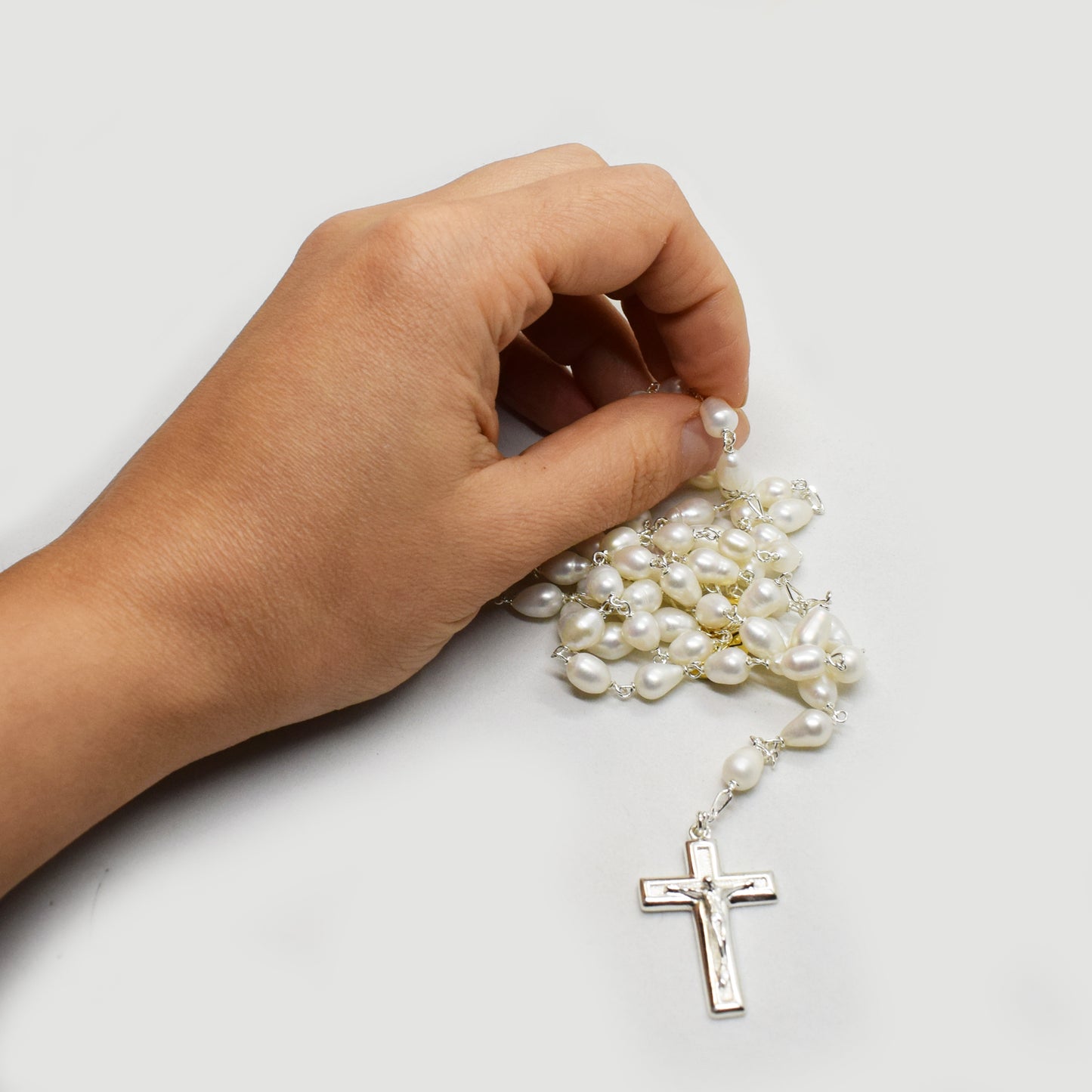 Rhodium Plated Silver Rosary with Natural Freshwater Pearls - Grani di Senape Studio