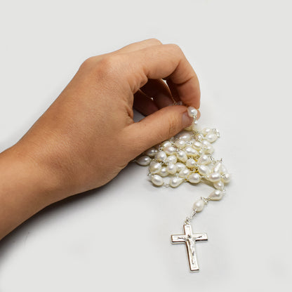 Rhodium Plated Silver Rosary with Natural Freshwater Pearls - Grani di Senape Studio