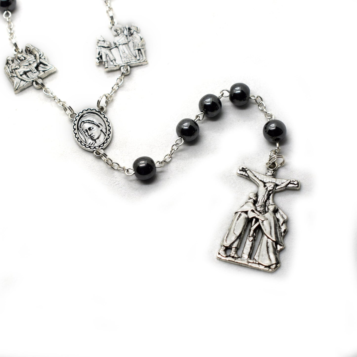 Stations of the Cross Rosary – Hematite Beads, Handmade Italian Via Crucis Chaplet - Grani di Senape Studio