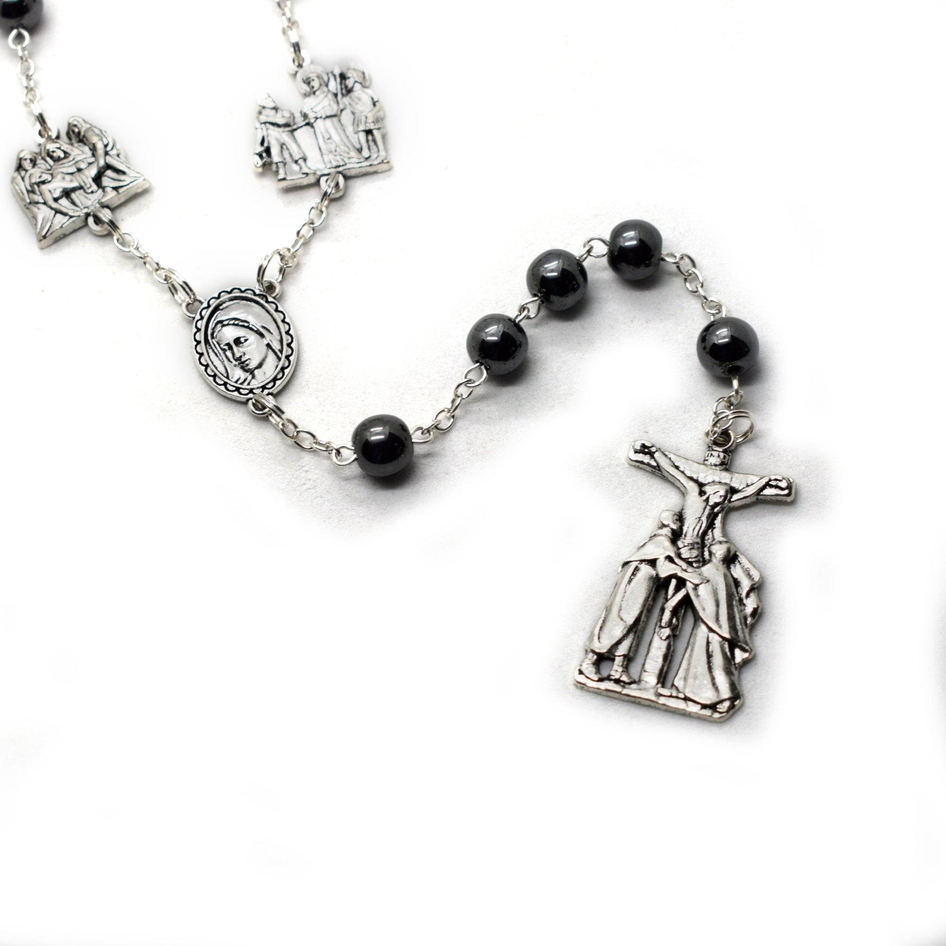 Stations of the Cross Rosary – Hematite Beads, Handmade Italian Via Crucis Chaplet - Grani di Senape Studio