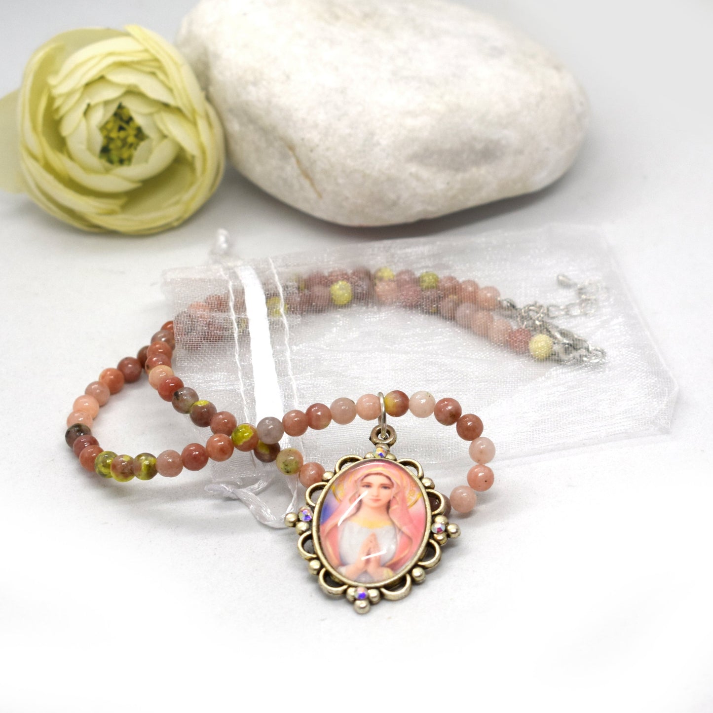 Watermelon Quartz Necklace with Madonna Pendant 🌸 - Grani di Senape Studio