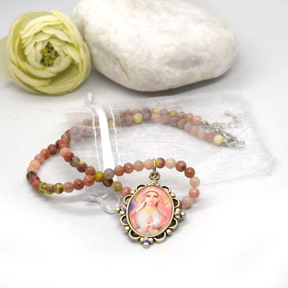 Watermelon Quartz Necklace with Madonna Pendant 🌸 - Grani di Senape Studio