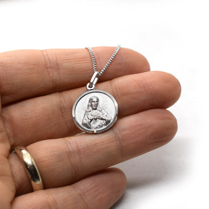 Italian Rhodium-Plated Sterling Scapular Medal – Our Lady of Mount Carmel & Sacred Heart of Jesus