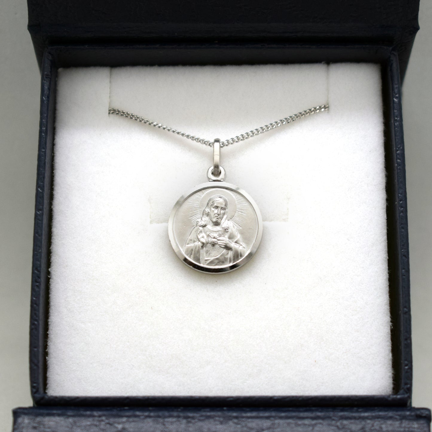 Italian Rhodium-Plated Sterling Scapular Medal – Our Lady of Mount Carmel & Sacred Heart of Jesus
