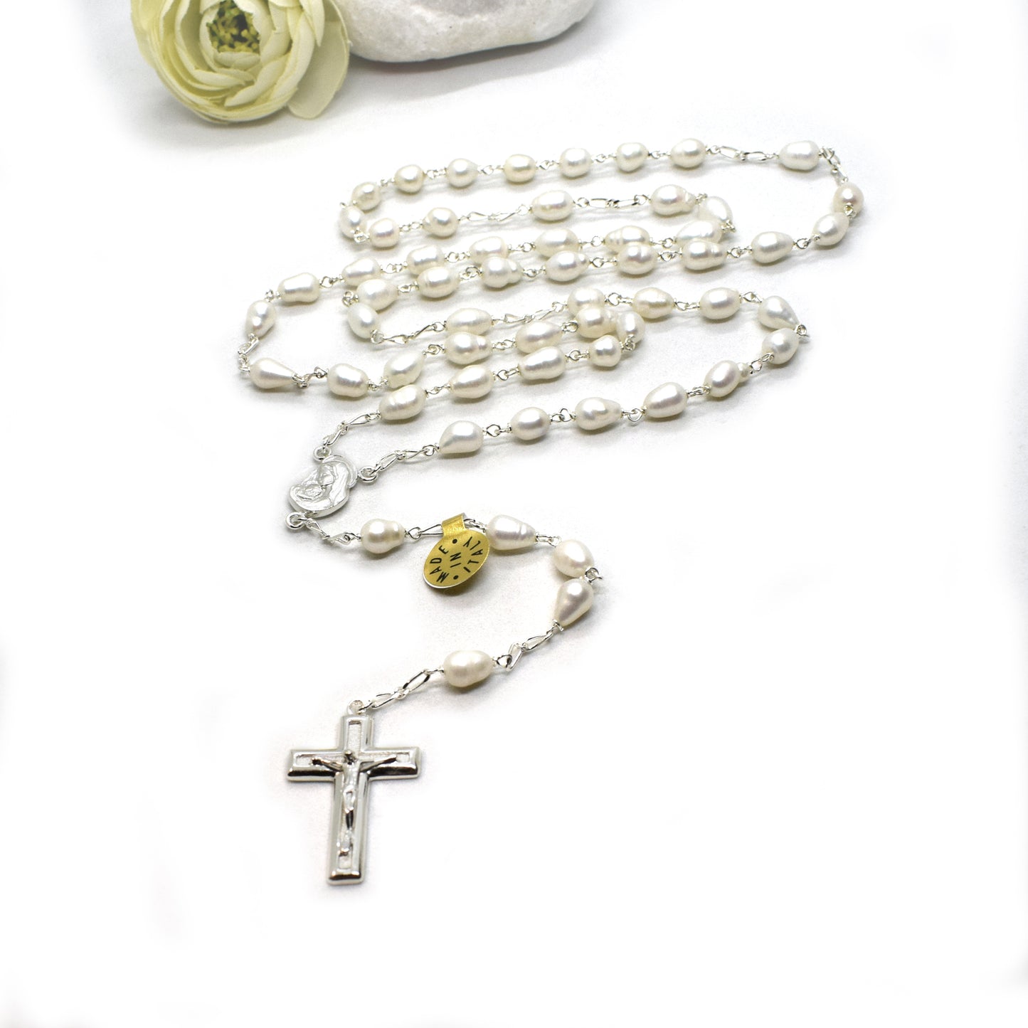Rhodium Plated Silver Rosary with Natural Freshwater Pearls - Grani di Senape Studio