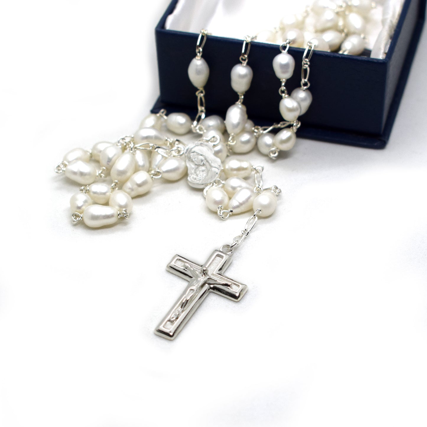 Rhodium Plated Silver Rosary with Natural Freshwater Pearls - Grani di Senape Studio